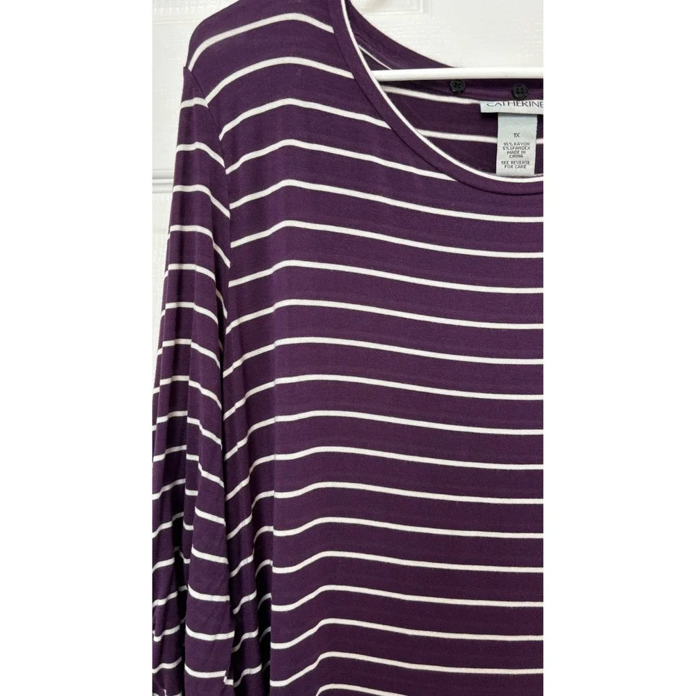 Catherines Purple White Striped Ruched Sleeve Tunic Top Plus Size 1X